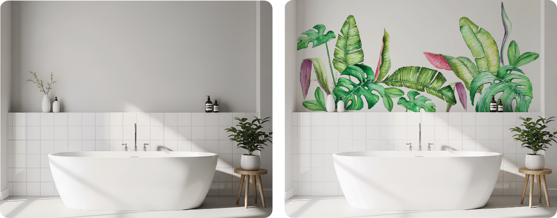 Botanical Bathroom Wall Mural Above Bathtub on Plaster Wall